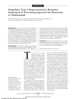 Immediate Type I Hypersensitivity Response Implicated in Worsening Injection Site Reactions to Adalimumab