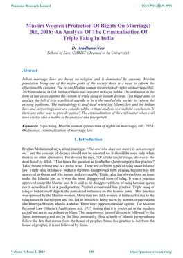 Muslim Women (Protection of Rights on Marriage) Bill, 2018: an Analysis of the Criminalisation of Triple Talaq in India