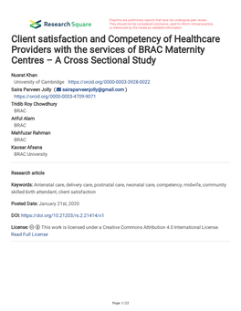Client Satisfaction and Competency of Healthcare Providers with the Services of BRAC Maternity Centres – a Cross Sectional Study