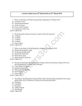 Current Affairs from 15Th March 2019 to 22Nd March 2019