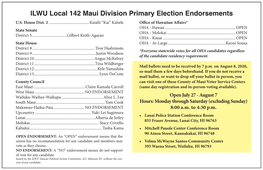 ILWU Local 142 Maui Division Primary Election Endorsements U.S
