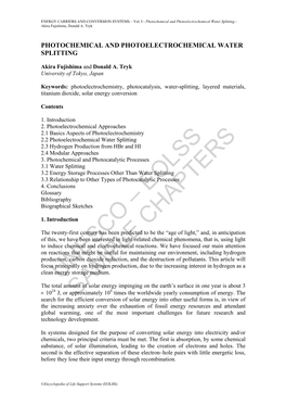 Photochemical and Photoelectrochemical Water Splitting - Akira Fujishima, Donald A