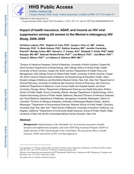 Impact of Health Insurance, ADAP, and Income on HIV Viral Suppression Among US Women in the Women’S Interagency HIV Study, 2006–2009