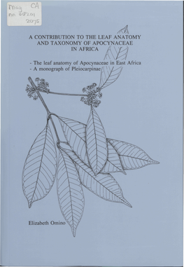 The Leaf Anatomy of Apocynaceae in East Africa - a Monograph of Pleiocarpinae