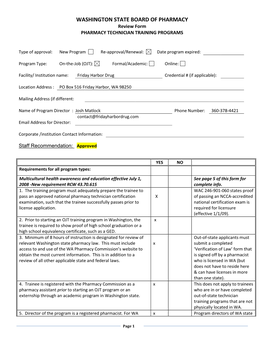 WASHINGTON STATE BOARD of PHARMACY Review Form PHARMACY TECHNICIAN TRAINING PROGRAMS