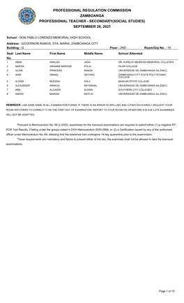 Professional Regulation Commission Zamboanga Professional Teacher - Secondary(Social Studies) September 26, 2021