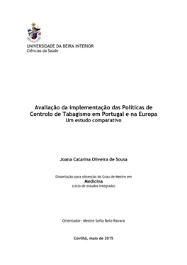 Avaliação Da Implementação Das Políticas De Controlo De Tabagismo Em Portugal E Na Europa Um Estudo Comparativo