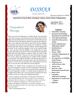 DISHAA En Route to a Better World… Quarterly Newsletter by ASWAS Department of Social Work, Amritapuri Campus, Amrita Vishwa Vidyapeetham