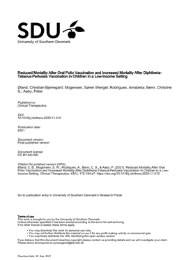 Reduced Mortality After Oral Polio Vaccination and Increased Mortality After Diphtheria- Tetanus-Pertussis Vaccination in Children in a Low-Income Setting