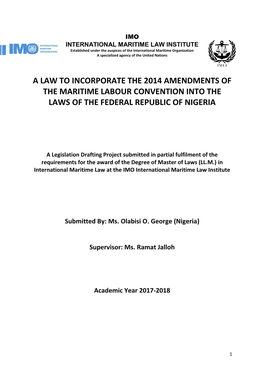 A Law to Incorporate the 2014 Amendments of the Maritime Labour Convention Into the Laws of the Federal Republic of Nigeria