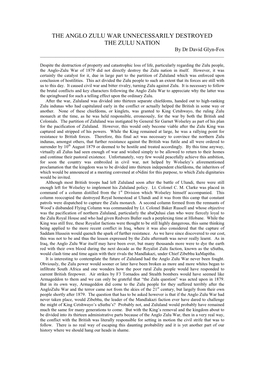 THE ANGLO ZULU WAR UNNECESSARILY DESTROYED the ZULU NATION by Dr David Glyn-Fox ______