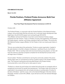 Florida Panthers, Portland Pirates Announce Multi-Year Affiliation Agreement