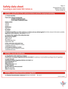 Safety Data Sheet Printing Date 09.11.2015 According to 1907/2006/ EEC/ Article 31 Revision: 09.11.2015 Version Number 20