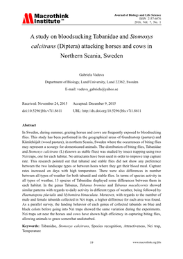 A Study on Bloodsucking Tabanidae and Stomoxys Calcitrans (Diptera) Attacking Horses and Cows in Northern Scania, Sweden