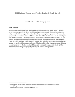 Did Christian Women Lead Fertility Decline in South Korea?