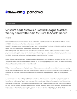 Siriusxm Adds Australian Football League Matches, Weekly Show with Eddie Mcguire to Sports Lineup
