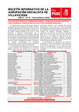 BOLETÍN INFORMATIVO DE LA AGRUPACIÓN SOCIALISTA DE VILLAVICIOSA AÑO VI – Nº 31 – Febrero/Marzo 2009