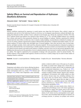 Salinity Effects on Survival and Reproduction of Hydrozoan Eleutheria Dichotoma