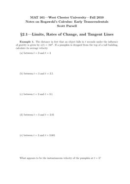 §2.1—Limits, Rates of Change, and Tangent Lines