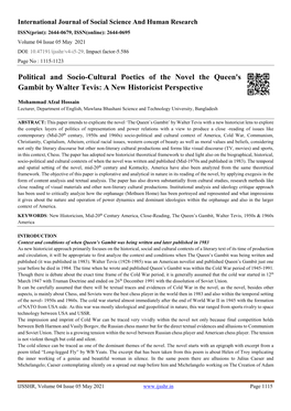 Political and Socio-Cultural Poetics of the Novel the Queen's Gambit by Walter Tevis: a New Historicist Perspective