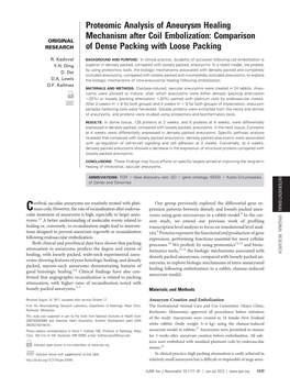 Proteomic Analysis of Aneurysm Healing Mechanism After Coil Embolization: Comparison ORIGINAL RESEARCH of Dense Packing with Loose Packing