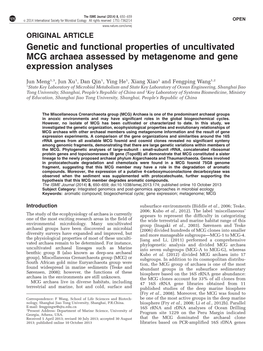 Genetic and Functional Properties of Uncultivated MCG Archaea Assessed by Metagenome and Gene Expression Analyses