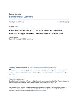 Parameters of Reform and Unification in Modern Japanese Buddhist Thought: Murakami Senshō and Critical Buddhism