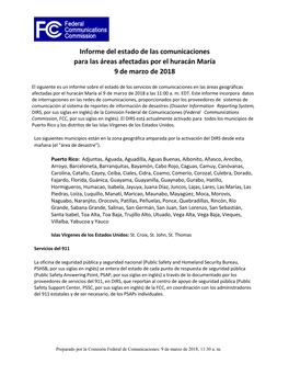Informe Del Estado De Las Comunicaciones Para Las Áreas Afectadas Por El Huracán María 9 De Marzo De 2018