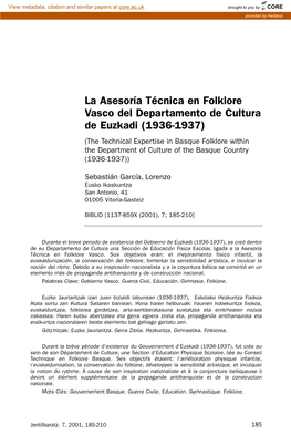 La Asesoría Técnica En Folklore Vasco Del Departamento