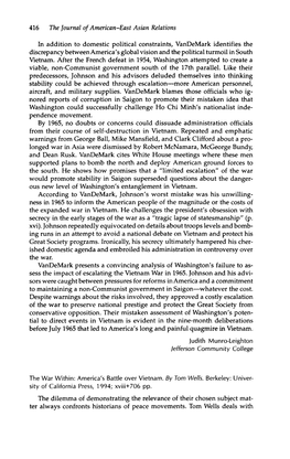 In Addition to Domestic Political Constraints, Vandemark Identifies the Discrepancy Betweenamerica's Global Vision and the Political Turmoil in South Vietnam