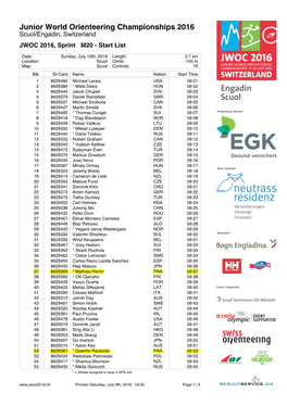 Junior World Orienteering Championships 2016 Scuol/Engadin, Switzerland JWOC 2016, Sprint M20 - Start List