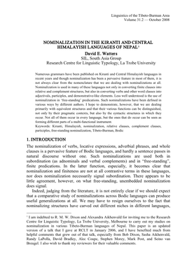 NOMINALIZATION in the KIRANTI and CENTRAL HIMALAYISH LANGUAGES of NEPAL1 Indeed, Judging from the Literature, It Is Not Entirely