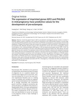 Original Article the Expression of Imprinted Genes IGF2 and PHLDA2 in Mid-Pregnancy Have Predictive Values for the Development of Pre-Eclampsia