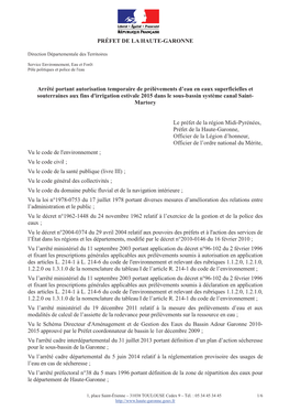 PRÉFET DE LA HAUTE-GARONNE Arrêté Portant Autorisation