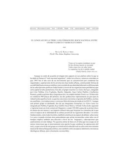 EL LENGUAJE DE LA TRIBU: LOS CÓDIGOS DEL ROCK NACIONAL ENTRE CHARLY GARCÍA Y MARCELO COHEN PLAS/ the Johns Hopkins University