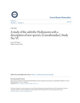 A Study of the Subtribe Hydronomi with a Description of New Species, (Curculionidae), Study No