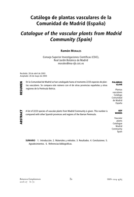 Catálogo De Plantas Vasculares De La Comunidad De Madrid (España) Catalogue of the Vascular Plants from Madrid Community (Spain)