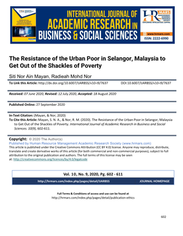 The Resistance of the Urban Poor in Selangor, Malaysia to Get out of the Shackles of Poverty