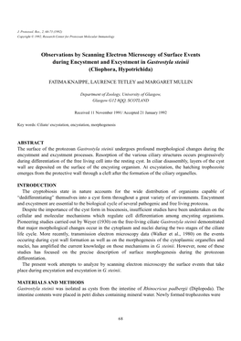 Observations by Scanning Electron Microscopy of Surface Events During Encystment and Excystment in Gastrostyla Steinii (Cliophora, Hypotrichida)