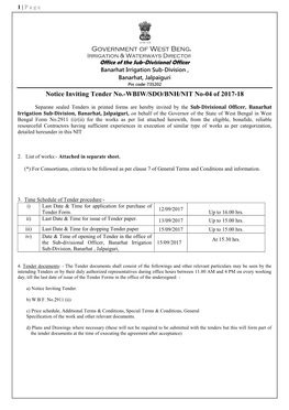 Government of West Bengal Notice Inviting Tender No.-WBIW/SDO