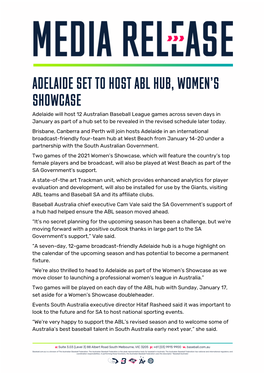 Adelaide Set to Host Abl Hub, Women's Showcase