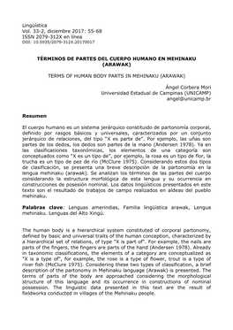 Términos De Partes Del Cuerpo Humano En Mehinaku (Arawak)