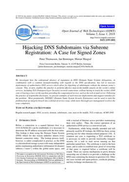 Hijacking DNS Subdomains Via Subzone Registration: a Case for Signed Zones Peter Thomassen, Jan Benninger, Marian Margraf