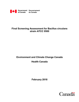 Final Screening Assessment for Bacillus Circulans Strain ATCC 9500