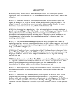 A RESOLUTION Welcoming Gritty, the New Mascot of the Philadelphia