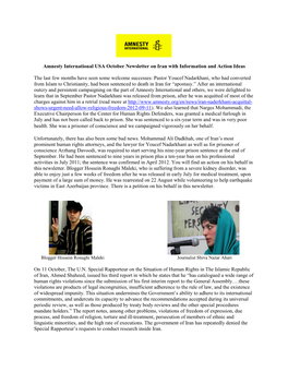 Amnesty International USA October Newsletter on Iran with Information and Action Ideas