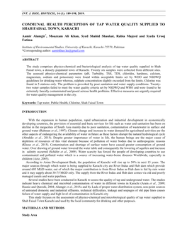 Communal Health Perception of Tap Water Quality Supplied to Shah Faisal Town, Karachi