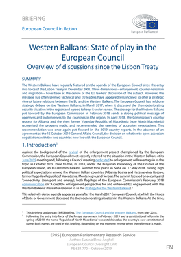 Western Balkans: State of Play in the European Council Overview of Discussions Since the Lisbon Treaty