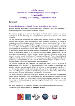 Call for Papers Seminars for the Shakespeare on Screen Congress in Montpellier Thursday 26 – Saturday 28 September 2019 Semin