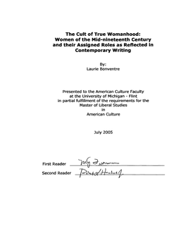 The Cult of True Womanhood: Women of the Mid-Nineteenth Century and Their Assigned Roles As Reflected in Contemporary Writing